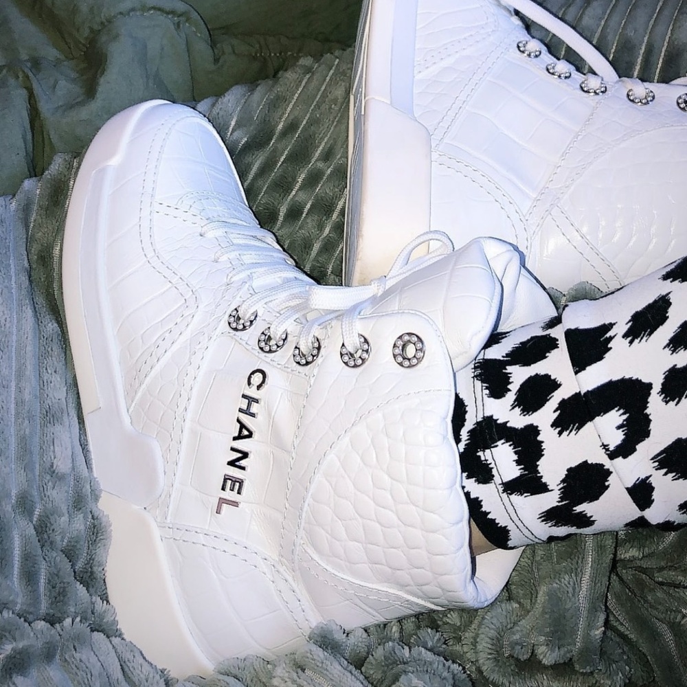 Chanel alligator embossed sneakers with pearls